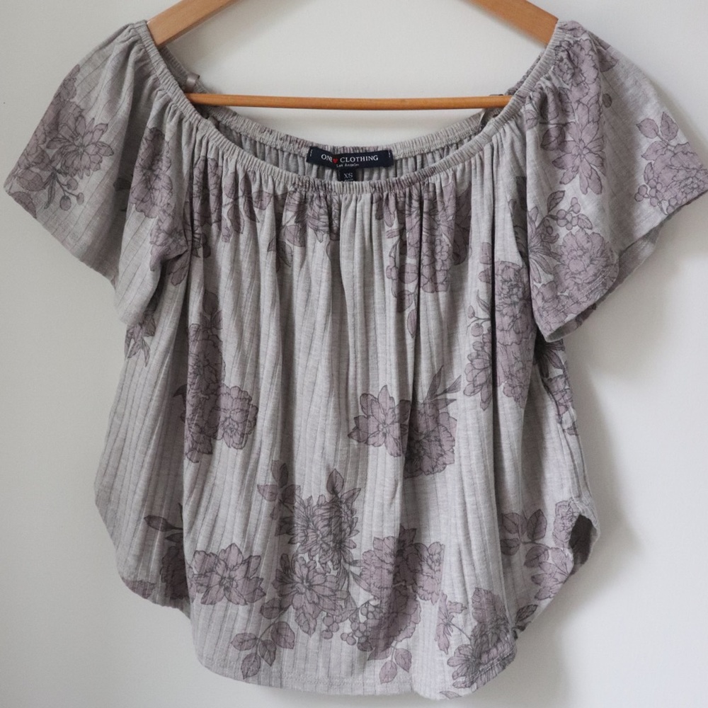 Gray Off The Shoulder Shirt With Floral Patters